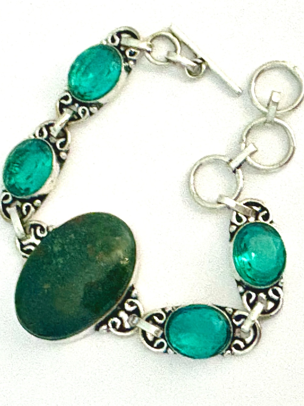 925 marked, Bloodstone and Apatite toggle bracelet, size 6 1/2, 7, 71/2
